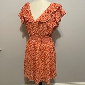 Pinch Ruffle V-Neck Mini Dress in Orange Floral
